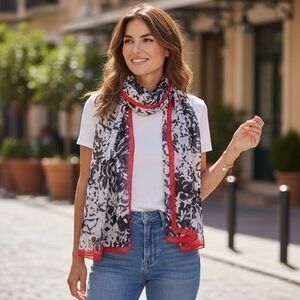 Calvin Klein Black White Red Floral Abstract Chiffon Scarf Wrap 72x28